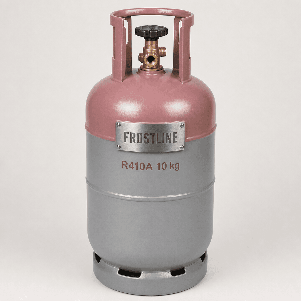 Frostline R410A refrigerant 9 kg cylinder with Frostline stamped on the rose-mauve shoulder
